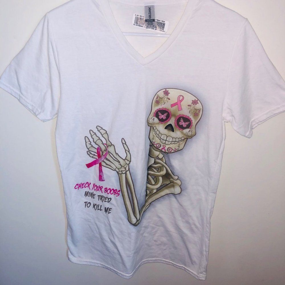 Brand New Check Your Boobs Mine Tried To Kill Me T-Shirt Size S Gildan Cotton No